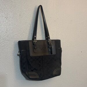 Coach Legacy Signature Black Jacquard Canvas Leather Trim Shoulder Tote Bag